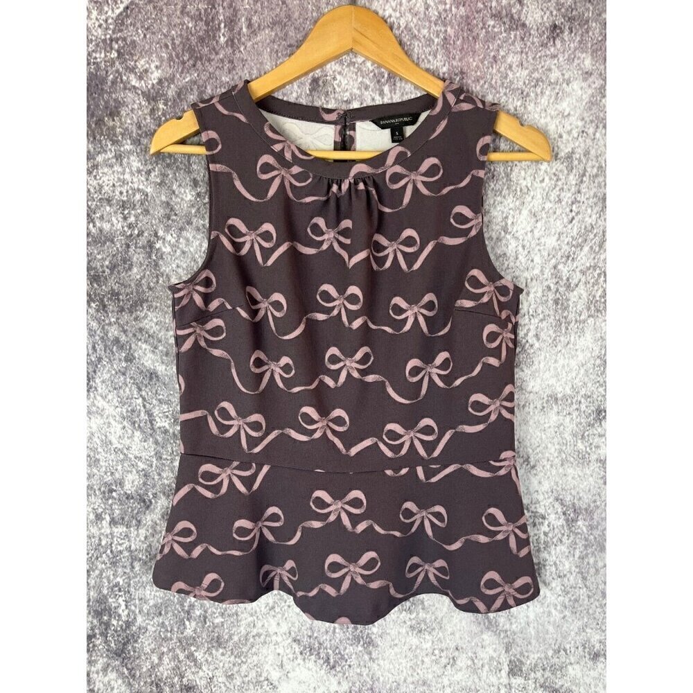 BANANA REPUBLIC Shirt Women's S Brown Pink Bow Peplum Coquette Work Secretary - Picture 1 of 9